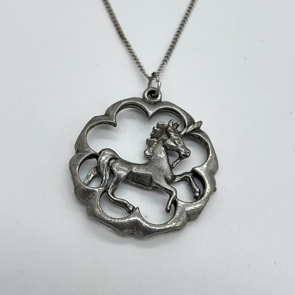 Vintage Unicorn Necklace Silver Tone Pendant Retro 70's Mystical Whimisical